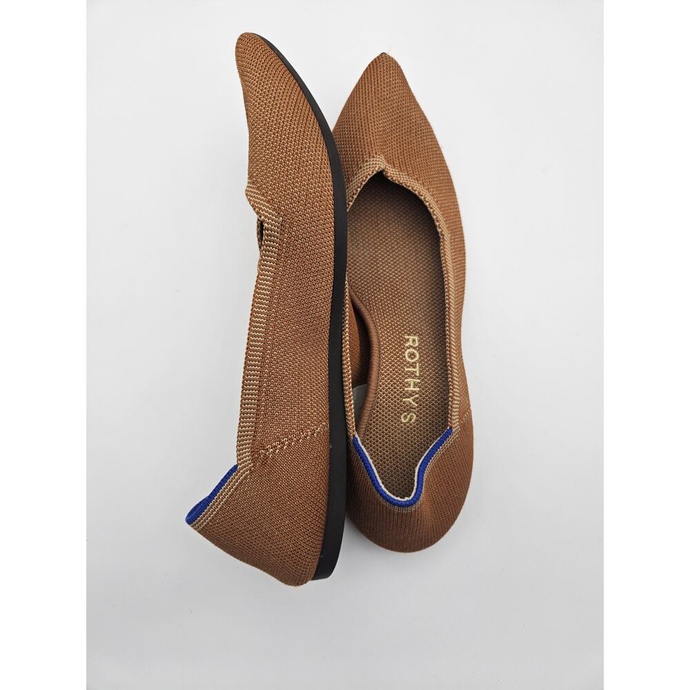 Rothy's The Point Slip-On Flats Amber Brown Knit Blue Trim Logo sz 7.5* - Picture 2 of 6